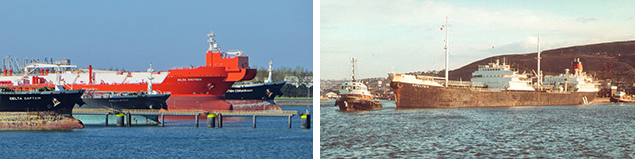 Links de (7e) petroleumhaven met enkele tankers. Rechts de KATELYSIA een tanker van Shell uit 1954.