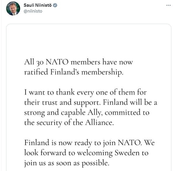 Kort nieuws: Groen licht van alle 30 NATO leden voor toetreding Finland