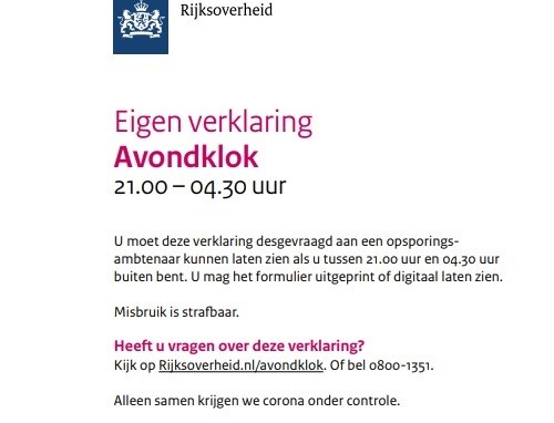 Avondklok van 23 januari tot 10 februari  van 21.00 tot 4.30 uur